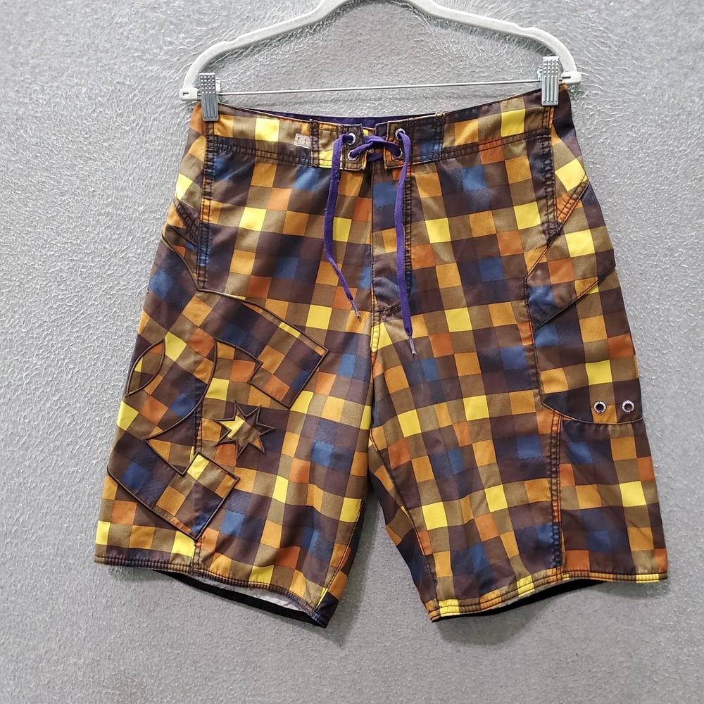 DC Men Swimwear‎ 32 Yellow Checkered Blue Trunks Drawstring 10" Inseam